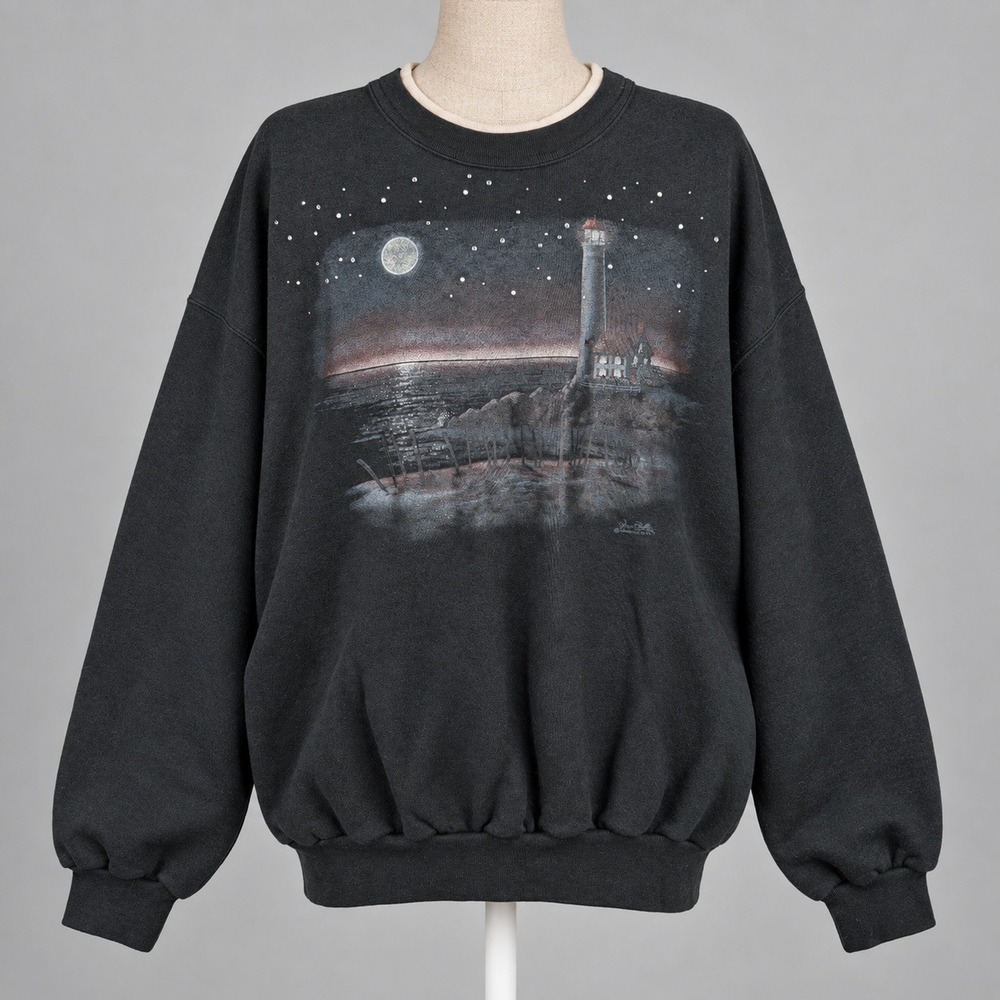 Vintage 90s Lighthouse Night Sky Sweatshirt Size L Black Graphic Cottagecore Y2K